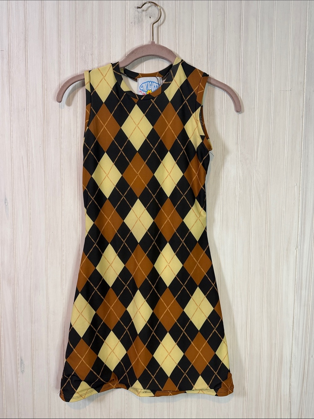 OMIGHTY ARGYLE BODYCON LOGO MINI DRESS SMALL